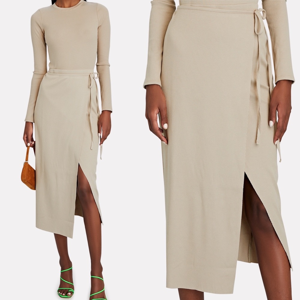 ✅SOLD✅ THE GREAT DESIGNER The Wrap Tie Ribbed Knit MIDI Slit Skirt Brown Tan